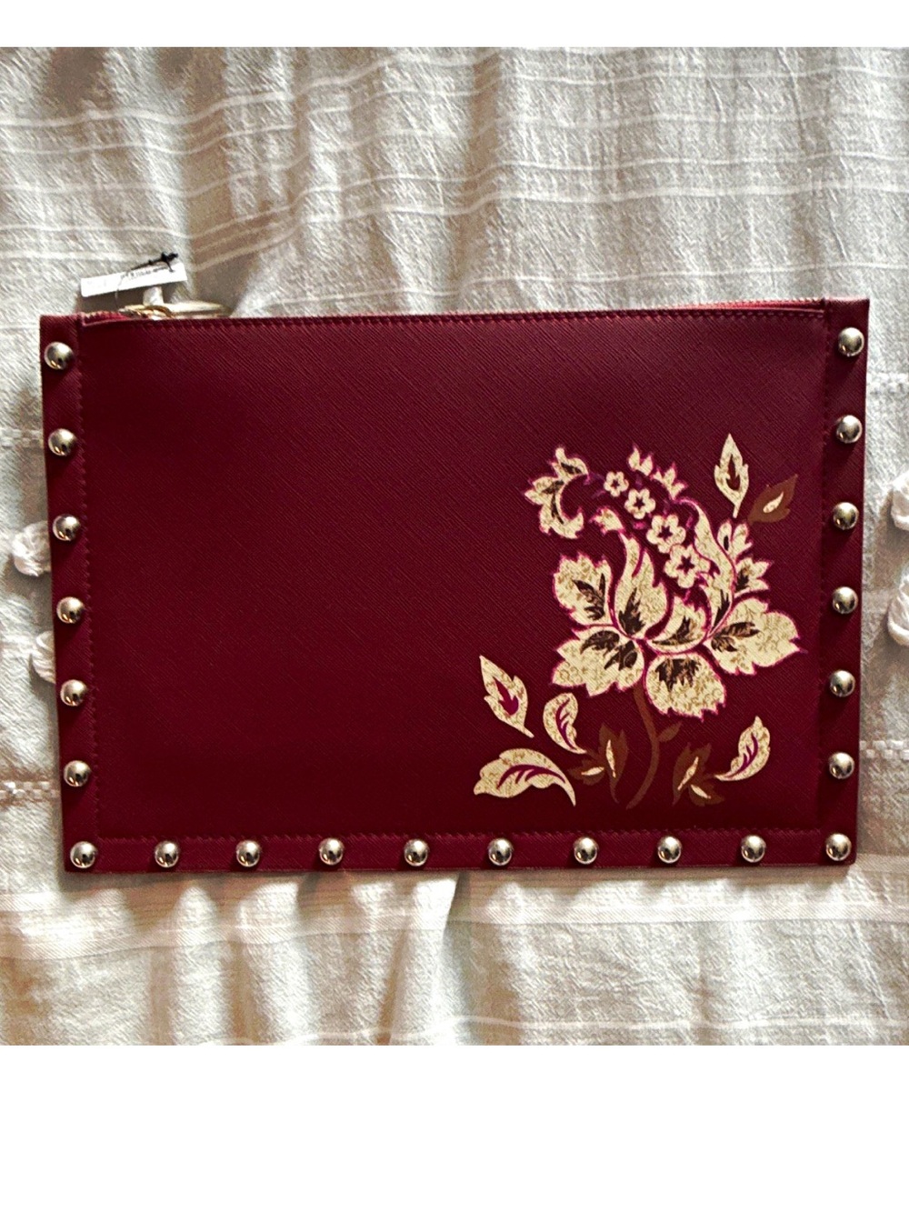 White House Black Market Burgundy Floral Studded Zip Pouch Clutch w/ Strap
